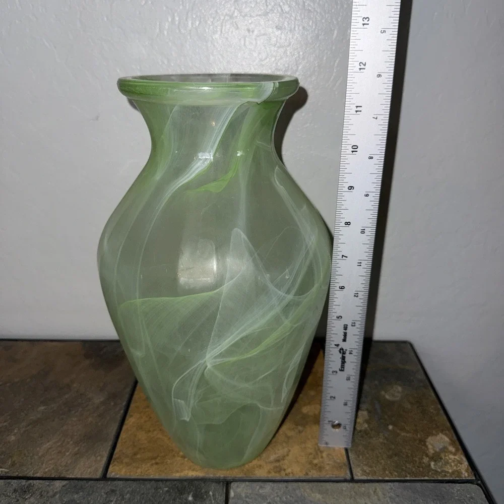 Opaque Light Green Flower Panel Glass Vase Marbled Style White Swirl  12in High